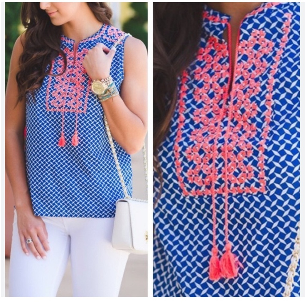 J Crew Printed Embroidered Tassel Top  Size 8